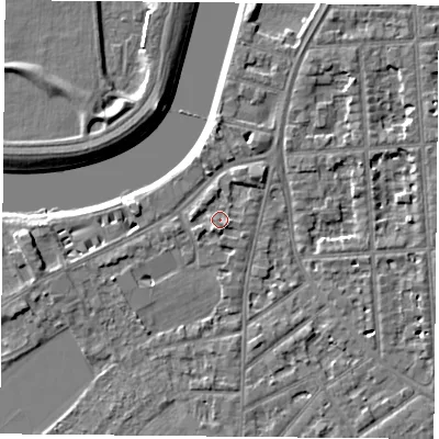 Shaded relief map of the ground around NG27RA, computed from Environment Agency LiDAR. The ground here sits at about 24 m above sea level and falls 5 m across the surrounding 800 m. Surface water reaching this point runs off ground lying to the north-east, 1.8 m higher.