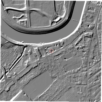 Shaded relief map of the ground around NG27RE, computed from Environment Agency LiDAR. The ground here sits at about 24 m above sea level and falls 5 m across the surrounding 800 m. Surface water reaching this point runs off ground lying to the south-west, 1.7 m higher.
