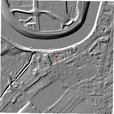 Shaded relief map of the ground around NG27RG, computed from Environment Agency LiDAR. The ground here sits at about 23 m above sea level and falls 5 m across the surrounding 800 m. Surface water reaching this point runs off ground lying to the south, 1.7 m higher.