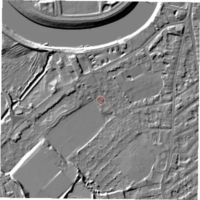 Shaded relief map of the ground around NG27RJ, computed from Environment Agency LiDAR. The ground here sits at about 24 m above sea level and falls 8 m across the surrounding 800 m. Surface water reaching this point runs off ground lying to the north, 1.1 m higher.