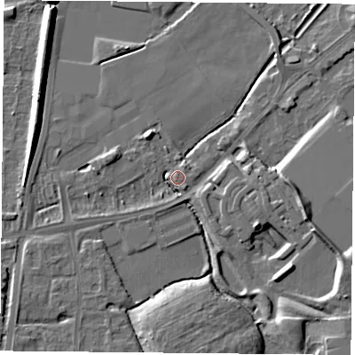 Shaded relief map of the ground around NG27RP, computed from Environment Agency LiDAR. The ground here sits at about 24 m above sea level and falls 8 m across the surrounding 800 m. Surface water reaching this point runs off ground lying to the south-south-east, 3.3 m higher.