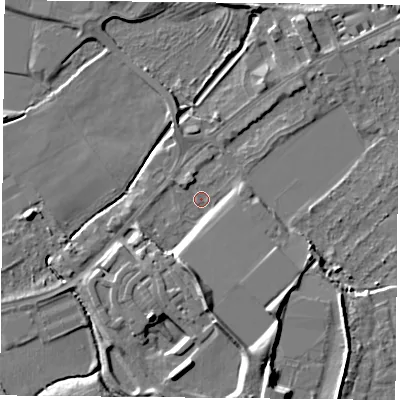 Shaded relief map of the ground around NG27RQ, computed from Environment Agency LiDAR. The ground here sits at about 23 m above sea level and falls 10 m across the surrounding 800 m. Surface water reaching this point runs off ground lying to the south-south-east, 7.4 m higher.