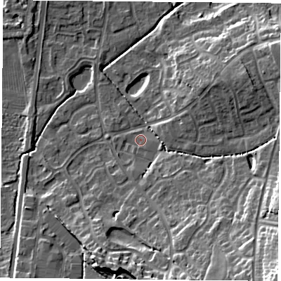 Shaded relief map of the ground around NG27RS, computed from Environment Agency LiDAR. The ground here sits at about 24 m above sea level and falls 20 m across the surrounding 800 m. Surface water reaching this point runs off ground lying to the south-south-east, 12.0 m higher.