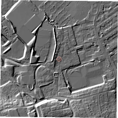 Shaded relief map of the ground around NG27RW, computed from Environment Agency LiDAR. The ground here sits at about 25 m above sea level and falls 14 m across the surrounding 800 m. Surface water reaching this point runs off ground lying to the north-west, 3.8 m higher.