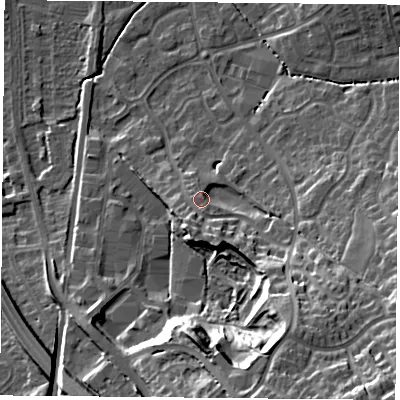 Shaded relief map of the ground around NG27SB, computed from Environment Agency LiDAR. The ground here sits at about 31 m above sea level and falls 28 m across the surrounding 800 m. Surface water reaching this point runs off ground lying to the south-south-east, 19.4 m higher.