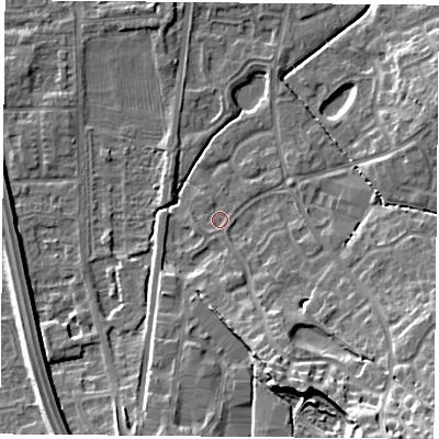 Shaded relief map of the ground around NG27SH, computed from Environment Agency LiDAR. The ground here sits at about 25 m above sea level and falls 18 m across the surrounding 800 m. Surface water reaching this point runs off ground lying to the south-south-east, 9.9 m higher.