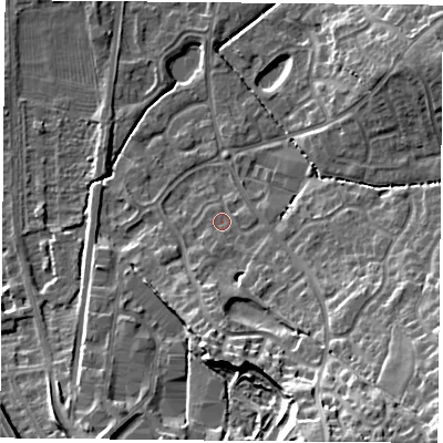 Shaded relief map of the ground around NG27SJ, computed from Environment Agency LiDAR. The ground here sits at about 26 m above sea level and falls 21 m across the surrounding 800 m. Surface water reaching this point runs off ground lying to the south-south-east, 17.3 m higher.