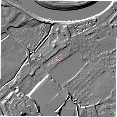 Shaded relief map of the ground around NG27SR, computed from Environment Agency LiDAR. The ground here sits at about 23 m above sea level and falls 8 m across the surrounding 800 m. Surface water reaching this point runs off ground lying to the south-south-west, 7.2 m higher.