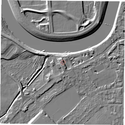 Shaded relief map of the ground around NG27SW, computed from Environment Agency LiDAR. The ground here sits at about 26 m above sea level and falls 5 m across the surrounding 800 m. Surface water reaching this point runs off ground lying to the north, 2.0 m higher.