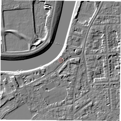 Shaded relief map of the ground around NG27TA, computed from Environment Agency LiDAR. The ground here sits at about 24 m above sea level and falls 5 m across the surrounding 800 m. Surface water reaching this point runs off ground lying to the north-north-east, 1.3 m higher.