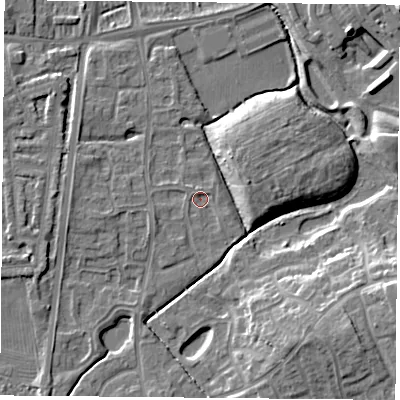 Shaded relief map of the ground around NG27TJ, computed from Environment Agency LiDAR. The ground here sits at about 23 m above sea level and falls 10 m across the surrounding 800 m. Surface water reaching this point runs off ground lying to the west-south-west, 1.5 m higher.