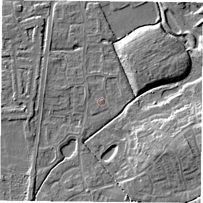 Shaded relief map of the ground around NG27TL, computed from Environment Agency LiDAR. The ground here sits at about 24 m above sea level and falls 10 m across the surrounding 800 m. Surface water reaching this point runs off ground lying to the north-west, 1.1 m higher.