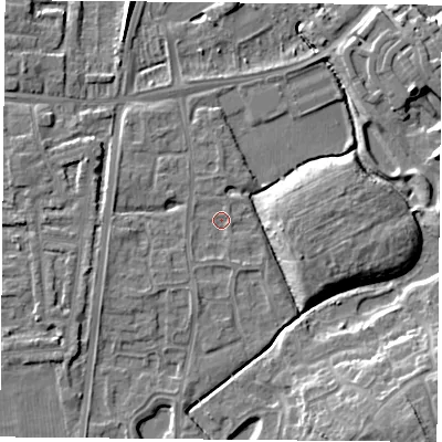 Shaded relief map of the ground around NG27TN, computed from Environment Agency LiDAR. The ground here sits at about 23 m above sea level and falls 11 m across the surrounding 800 m. Surface water reaching this point runs off ground lying to the south-south-west, 1.0 m higher.