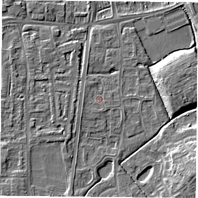Shaded relief map of the ground around NG27TQ, computed from Environment Agency LiDAR. The ground here sits at about 24 m above sea level and falls 9 m across the surrounding 800 m. Surface water reaching this point runs off ground lying to the west, 1.2 m higher.