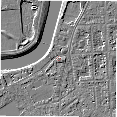 Shaded relief map of the ground around NG27TU, computed from Environment Agency LiDAR. The ground here sits at about 25 m above sea level and falls 5 m across the surrounding 800 m. Surface water reaching this point runs off ground lying to the east-south-east, 2.6 m higher.