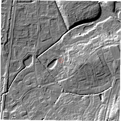 Shaded relief map of the ground around NG27UA, computed from Environment Agency LiDAR. The ground here sits at about 24 m above sea level and falls 15 m across the surrounding 800 m. Surface water reaching this point runs off ground lying to the east, 5.7 m higher.