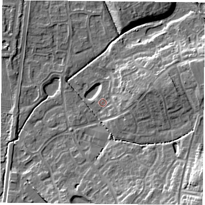 Shaded relief map of the ground around NG27UB, computed from Environment Agency LiDAR. The ground here sits at about 24 m above sea level and falls 15 m across the surrounding 800 m. Surface water reaching this point runs off ground lying to the east, 4.7 m higher.