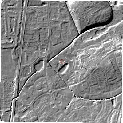 Shaded relief map of the ground around NG27UE, computed from Environment Agency LiDAR. The ground here sits at about 24 m above sea level and falls 12 m across the surrounding 800 m. The ground contributing surface water to this point lies to the south-east.
