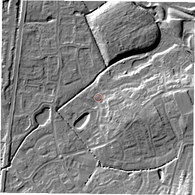 Shaded relief map of the ground around NG27UF, computed from Environment Agency LiDAR. The ground here sits at about 25 m above sea level and falls 14 m across the surrounding 800 m. Surface water reaching this point runs off ground lying to the east-south-east, 7.1 m higher.