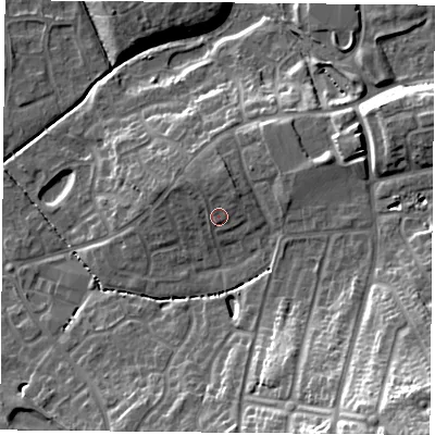 Shaded relief map of the ground around NG27UH, computed from Environment Agency LiDAR. The ground here sits at about 30 m above sea level and falls 29 m across the surrounding 800 m. Surface water reaching this point runs off ground lying to the north-north-east, 2.6 m higher.