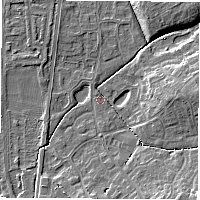 Shaded relief map of the ground around NG27UP, computed from Environment Agency LiDAR. The ground here sits at about 24 m above sea level and falls 11 m across the surrounding 800 m. Surface water reaching this point runs off ground lying to the south-east, 9.7 m higher.