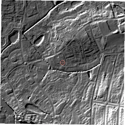 Shaded relief map of the ground around NG27UQ, computed from Environment Agency LiDAR. The ground here sits at about 27 m above sea level and falls 29 m across the surrounding 800 m. Surface water reaching this point runs off ground lying to the east-north-east, 6.8 m higher.