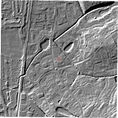 Shaded relief map of the ground around NG27UW, computed from Environment Agency LiDAR. The ground here sits at about 24 m above sea level and falls 14 m across the surrounding 800 m. Surface water reaching this point runs off ground lying to the south, 10.0 m higher.