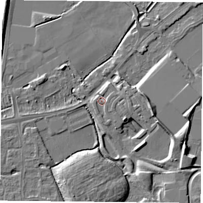 Shaded relief map of the ground around NG27UZ, computed from Environment Agency LiDAR. The ground here sits at about 25 m above sea level and falls 10 m across the surrounding 800 m. Surface water reaching this point runs off ground lying to the south-east, 3.3 m higher.