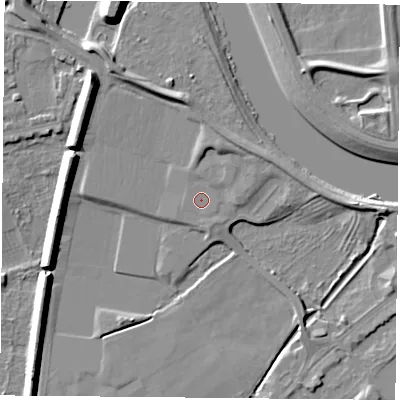 Shaded relief map of the ground around NG27YF, computed from Environment Agency LiDAR. The ground here sits at about 23 m above sea level and falls 10 m across the surrounding 800 m. Surface water reaching this point runs off ground lying to the north-north-east, 2.1 m higher.