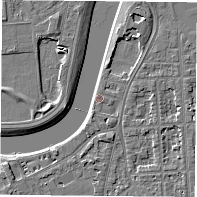 Shaded relief map of the ground around NG27YH, computed from Environment Agency LiDAR. The ground here sits at about 24 m above sea level and falls 6 m across the surrounding 800 m. Surface water reaching this point runs off ground lying to the south-south-west, 1.6 m higher.