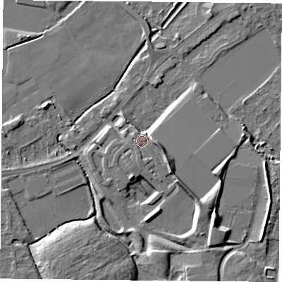 Shaded relief map of the ground around NG27YT, computed from Environment Agency LiDAR. The ground here sits at about 26 m above sea level and falls 10 m across the surrounding 800 m. Surface water reaching this point runs off ground lying to the south-south-east, 1.1 m higher.