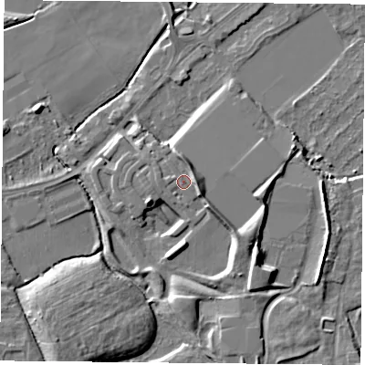 Shaded relief map of the ground around NG27YX, computed from Environment Agency LiDAR. The ground here sits at about 26 m above sea level and falls 10 m across the surrounding 800 m. Surface water reaching this point runs off ground lying to the south-west, 1.2 m higher.