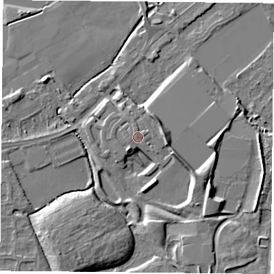 Shaded relief map of the ground around NG27ZD, computed from Environment Agency LiDAR. The ground here sits at about 26 m above sea level and falls 10 m across the surrounding 800 m. Surface water reaching this point runs off ground lying to the east-north-east, 0.7 m higher.