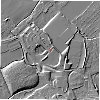 Shaded relief map of the ground around NG27ZE, computed from Environment Agency LiDAR. The ground here sits at about 26 m above sea level and falls 10 m across the surrounding 800 m. Surface water reaching this point runs off ground lying to the north-east, 4.2 m higher.