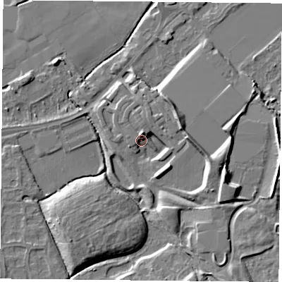 Shaded relief map of the ground around NG27ZJ, computed from Environment Agency LiDAR. The ground here sits at about 23 m above sea level and falls 10 m across the surrounding 800 m. Surface water reaching this point runs off ground lying to the north, 5.3 m higher.