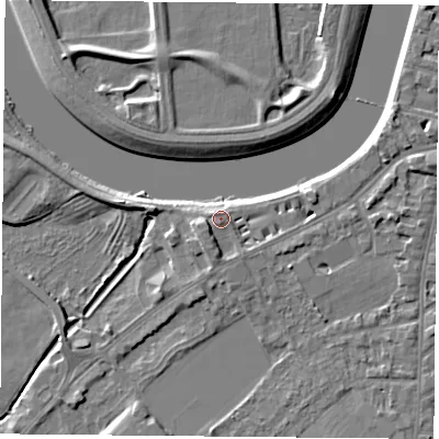 Shaded relief map of the ground around NG27ZZ, computed from Environment Agency LiDAR. The ground here sits at about 25 m above sea level and falls 5 m across the surrounding 800 m. Surface water reaching this point runs off ground lying to the south-west, 2.0 m higher.
