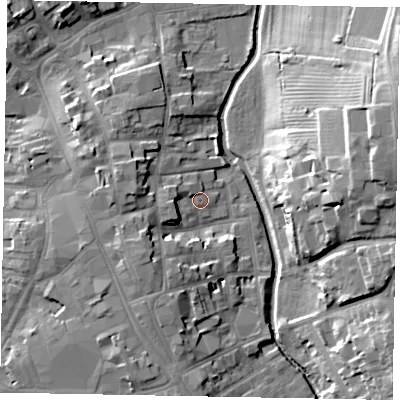 Shaded relief map of the ground around NG316AD, computed from Environment Agency LiDAR. The ground here sits at about 53 m above sea level and falls 21 m across the surrounding 800 m. Surface water reaching this point runs off ground lying to the west-south-west, 4.4 m higher.