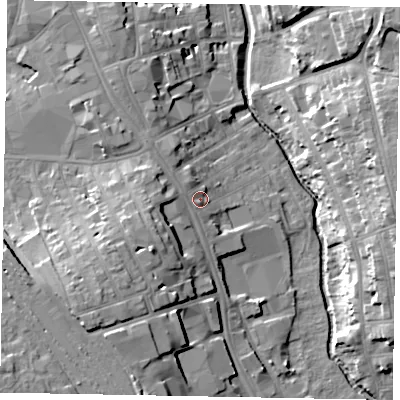 Shaded relief map of the ground around NG316EU, computed from Environment Agency LiDAR. The ground here sits at about 57 m above sea level and falls 17 m across the surrounding 800 m. Surface water reaching this point runs off ground lying to the west-north-west, 2.7 m higher.