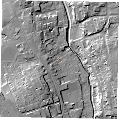Shaded relief map of the ground around NG316EZ, computed from Environment Agency LiDAR. The ground here sits at about 53 m above sea level and falls 19 m across the surrounding 800 m. Surface water reaching this point runs off ground lying to the west, 5.7 m higher.