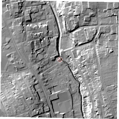 Shaded relief map of the ground around NG316FA, computed from Environment Agency LiDAR. The ground here sits at about 52 m above sea level and falls 22 m across the surrounding 800 m. Surface water reaching this point runs off ground lying to the east, 18.3 m higher.