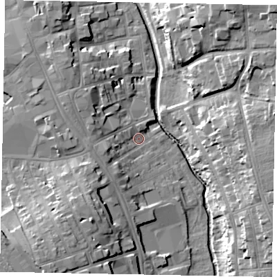 Shaded relief map of the ground around NG316HA, computed from Environment Agency LiDAR. The ground here sits at about 53 m above sea level and falls 20 m across the surrounding 800 m. Surface water reaching this point runs off ground lying to the west, 6.1 m higher.