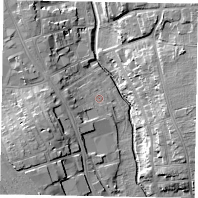 Shaded relief map of the ground around NG316HB, computed from Environment Agency LiDAR. The ground here sits at about 53 m above sea level and falls 19 m across the surrounding 800 m. Surface water reaching this point runs off ground lying to the west-south-west, 4.9 m higher.