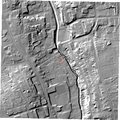 Shaded relief map of the ground around NG316HE, computed from Environment Agency LiDAR. The ground here sits at about 52 m above sea level and falls 20 m across the surrounding 800 m. Surface water reaching this point runs off ground lying to the west-south-west, 10.3 m higher.