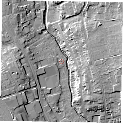 Shaded relief map of the ground around NG316HF, computed from Environment Agency LiDAR. The ground here sits at about 52 m above sea level and falls 21 m across the surrounding 800 m. Surface water reaching this point runs off ground lying to the west, 0.9 m higher.