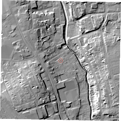 Shaded relief map of the ground around NG316HG, computed from Environment Agency LiDAR. The ground here sits at about 53 m above sea level and falls 19 m across the surrounding 800 m. Surface water reaching this point runs off ground lying to the west-south-west, 9.4 m higher.