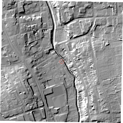 Shaded relief map of the ground around NG316HH, computed from Environment Agency LiDAR. The ground here sits at about 52 m above sea level and falls 20 m across the surrounding 800 m. Surface water reaching this point runs off ground lying to the east, 17.3 m higher.