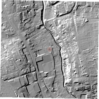 Shaded relief map of the ground around NG316HL, computed from Environment Agency LiDAR. The ground here sits at about 53 m above sea level and falls 19 m across the surrounding 800 m. Surface water reaching this point runs off ground lying to the south-west, 2.2 m higher.