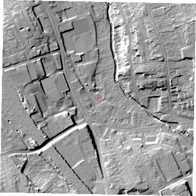 Shaded relief map of the ground around NG316HN, computed from Environment Agency LiDAR. The ground here sits at about 53 m above sea level and falls 22 m across the surrounding 800 m. Surface water reaching this point runs off ground lying to the north-west, 3.3 m higher.