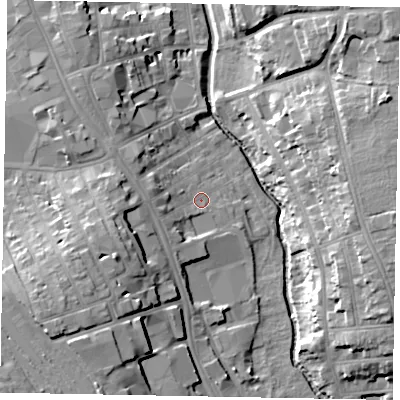 Shaded relief map of the ground around NG316HQ, computed from Environment Agency LiDAR. The ground here sits at about 54 m above sea level and falls 18 m across the surrounding 800 m. Surface water reaching this point runs off ground lying to the west, 4.7 m higher.