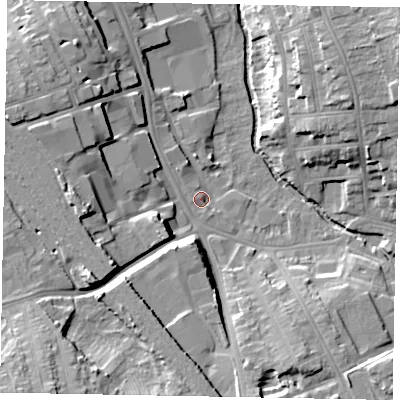 Shaded relief map of the ground around NG316HS, computed from Environment Agency LiDAR. The ground here sits at about 55 m above sea level and falls 24 m across the surrounding 800 m. Surface water reaching this point runs off ground lying to the west, 2.1 m higher.
